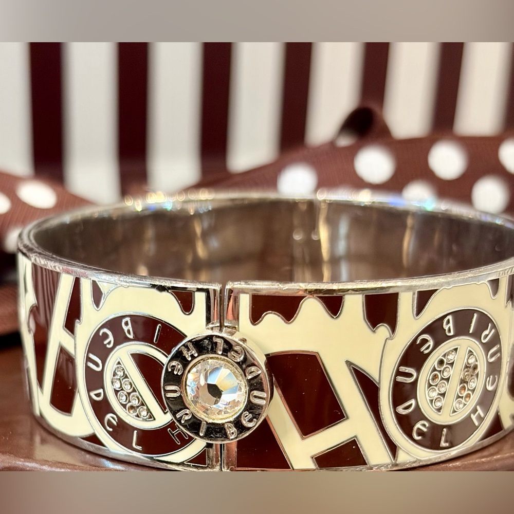 HENRI BENDEL Cream and Brown Enamel Logo Bangle Cuff w/Gold Accents & Crystals - Picture 4 of 16